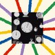 A starburst of colorful stripes including purple, yellow, red, green and blue extend out. At the center is a black and white image of a collection of stopwatches, clocks and time keeping devices floating in space.