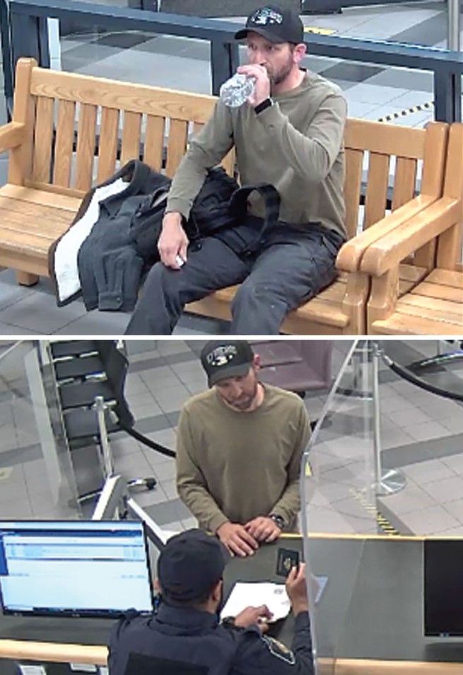 two still images from security-camera footage, one of man sitting on wooden bench drinking a bottle of water, one of man standing at window speaking to immigration agent