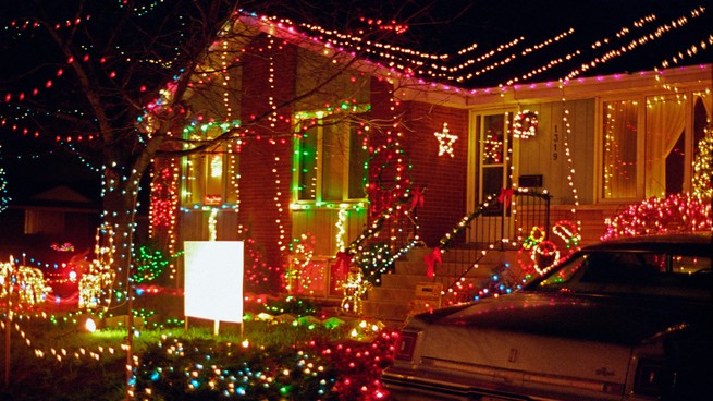 exterior of a house decorated with colorful lights