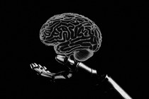 A black-and-white illustration of a robot arm holding a brain, suggesting AI's control over the human brain.