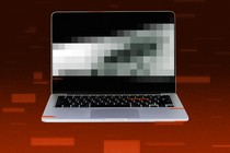 Illustration of a laptop with a pixelated screen in front of a red background