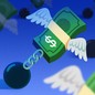 A winged stack of cash is held down by a ball and chain