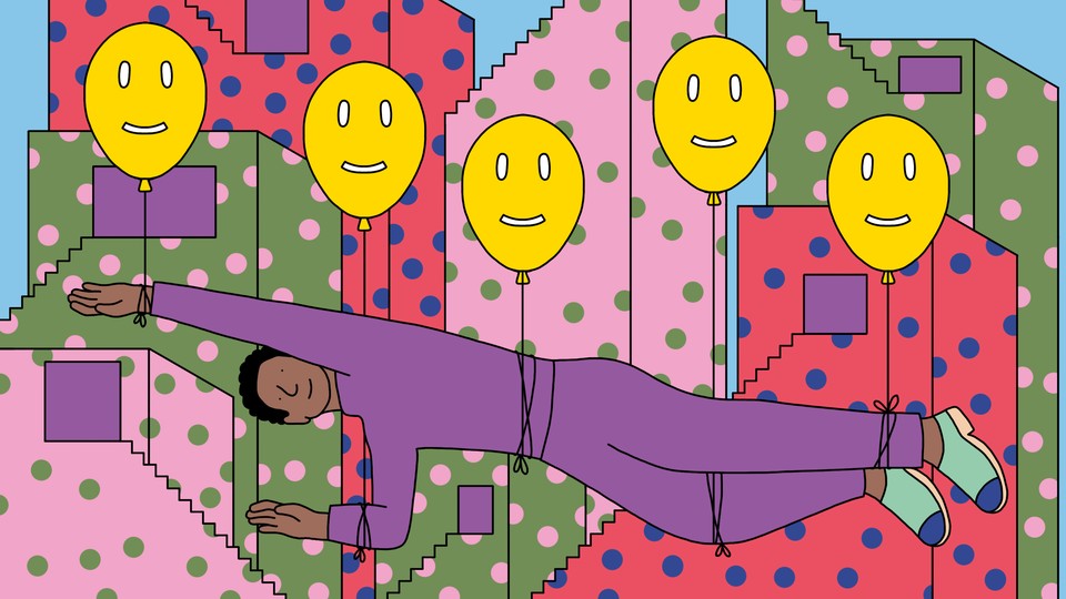 Illustration of a man floating horizontally through a colorful cityscape, carried by smiley-face balloons