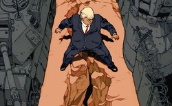 Illustration: Trump straddles a crumbling canyon dividing isolationism—watch towers and barbed wire fences—and antagonism—armored tanks and other military vehicles.