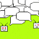 Pixel-art illustration of a bright-green background filled with overlapping white speech bubbles. Two small, square, robot-like faces sit near the bottom, one smiling, one straight-faced, both with red eyes and thin antennae, suggesting contrasting reactions beneath a flood of messages.