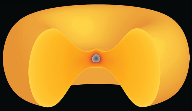 A model of a yellow, bagel-shaped ring with a small, gray core