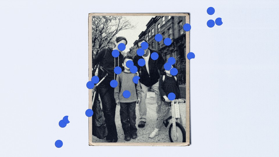 A black-and-white family photo placed over a light blue background with family faces obscured by blue dots