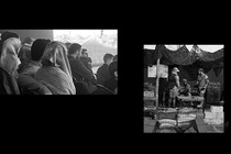 One snapshot shows a rapt audience; the other, a scene on stage of three Hezbollah fighters conferring in a tent.