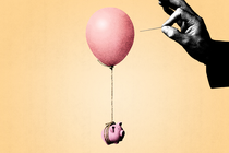 Illustration of a piggy bank held up by a balloon and someone preparing to pop the balloon with a needle