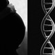 a black and white image of a pregnant belly, next to a DNA helix