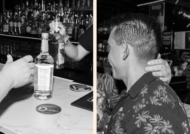 diptych: bottle of alcohol; hand on a man's neck