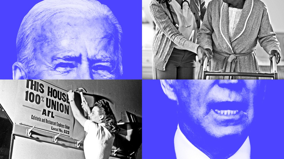 An illustration shows Joe Biden's face, colored blue, with work-related images: a woman hanging a pro-union sign and a health-care worker helping a woman with a walker