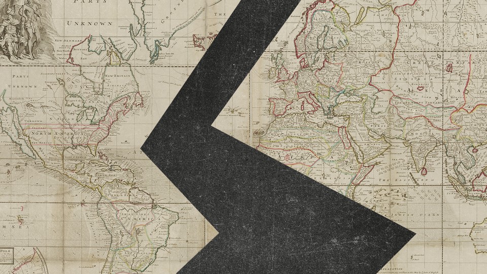 Illustration of a world map with a thick, black zigzag line crossing through the Atlantic Ocean