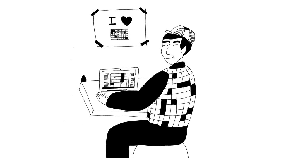 Illustration of a person wearing a crossword jacket and sitting at a desk, working on a crossword puzzle on a laptop. An "I Heart Crosswords" poster is taped up on the wall.