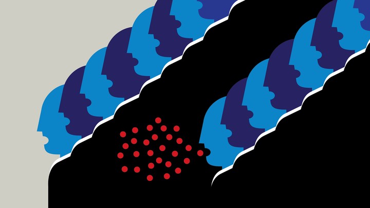 An illustration of singing faces in a choir, with a cloud of red dots coming from one figure's mouth