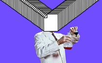 A scientist holds two beakers; computer-file icons obscure and explode from his head.