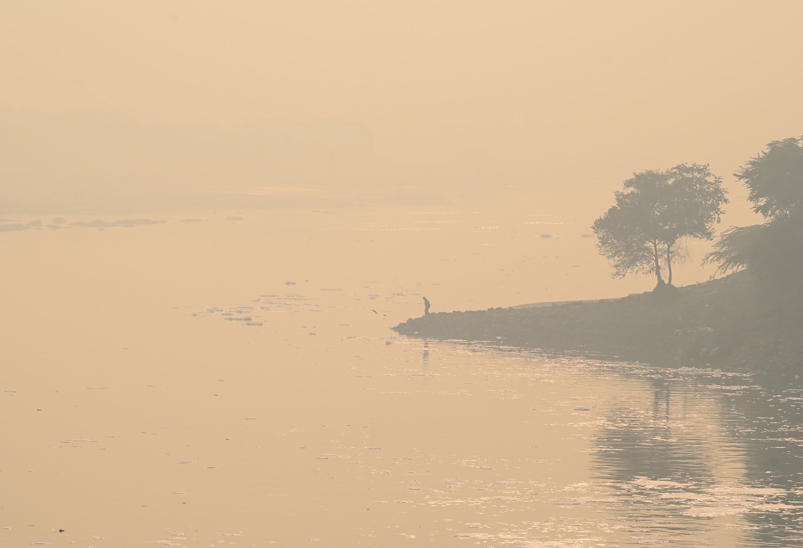 A person stands on a riverbank, seen through thick smog.