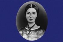 A portrait of Emily Dickinson on a blue background