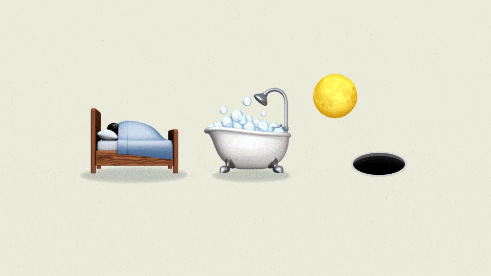 An animated illustration depicting emojis of a bed, a bath, and a rocket ship that leaps from behind a moon into a black hole