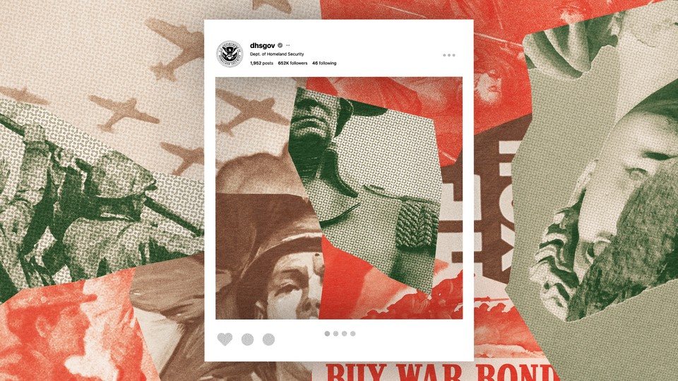 vintage images of U.S. military posters and painted battle scenes within a dhsgov social media frame
