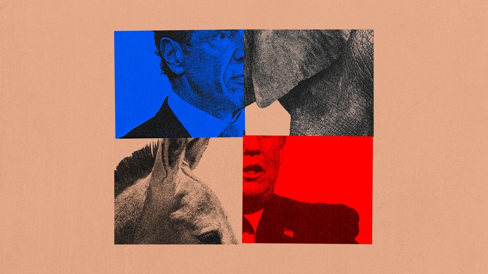 An illustration of Andrew Cuomo, Donald Trump, an elephant, and a donkey