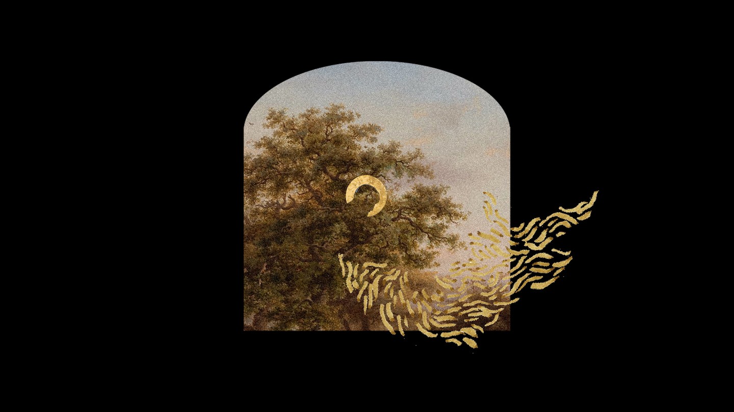 A window cut out of a black background, showing a tree and gold brush marks coming out