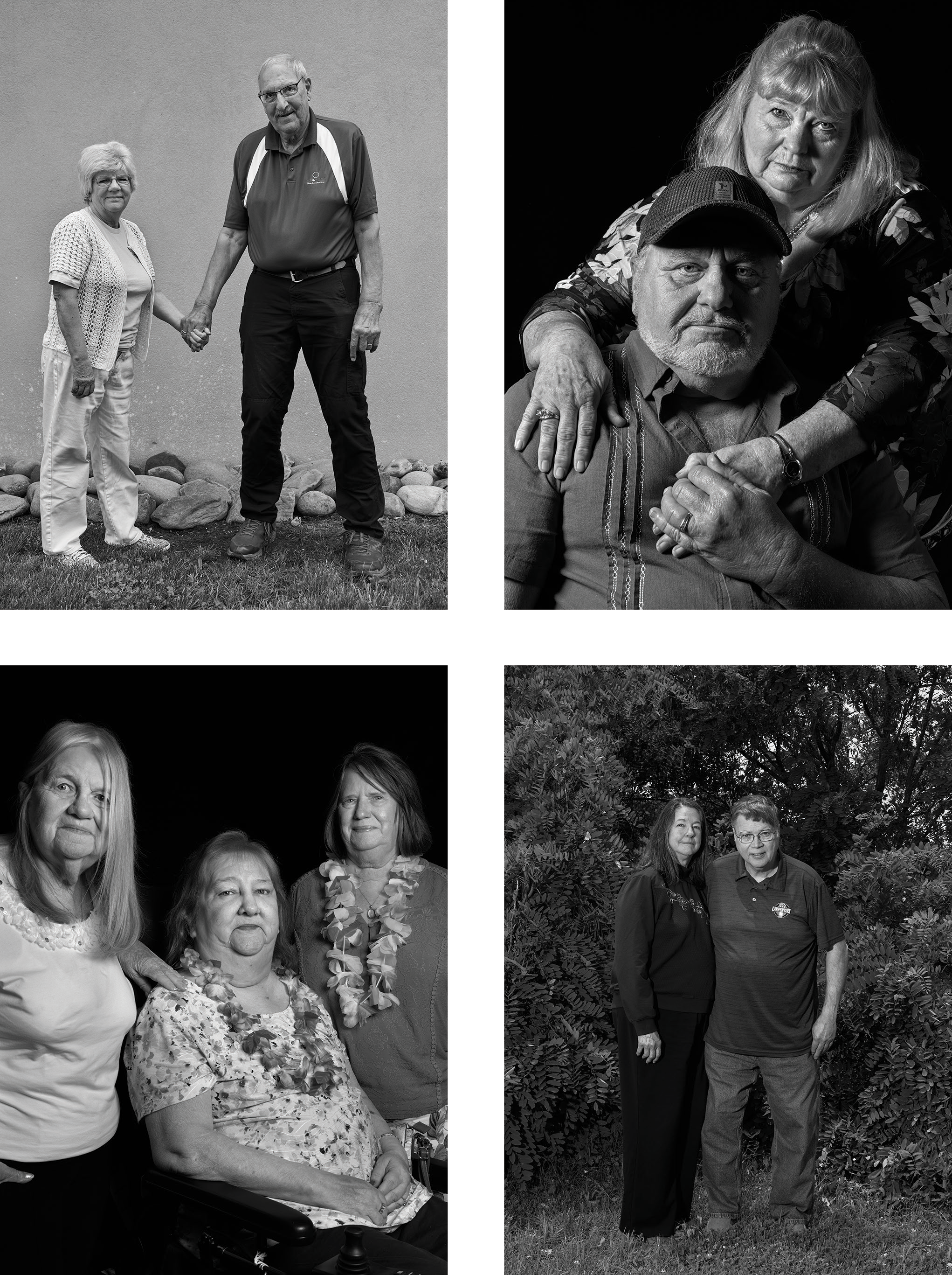 4 black-and-white photos: older woman and man holding hands; man seated in baseball cap with wife standing behind and holding his hand; man and woman standing outdoors; 3 women, one seated