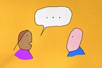 illustration of two people talking with a speech bubble between them that contains an ellipses