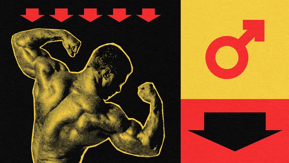 Collage of a man's muscled back, the male symbol, and arrows pointing downward in shades of red, yellow, and black
