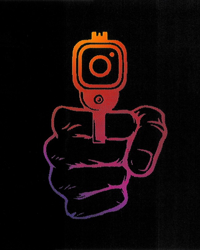 A hand pointing a gun whose muzzle is shaped like the Instagram logo
