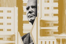 Photo-illustration of Joe Biden in black and white behind images of the White House in yellow