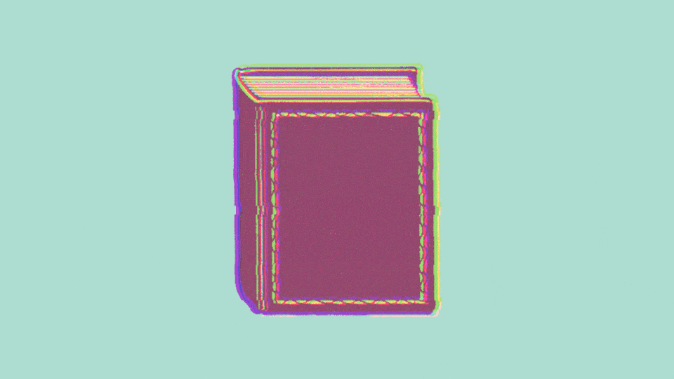 Animated illustration of a maroon book that appears to be vibrating