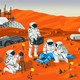 Officers in space suits surround a crime scene on an illustrated Mars