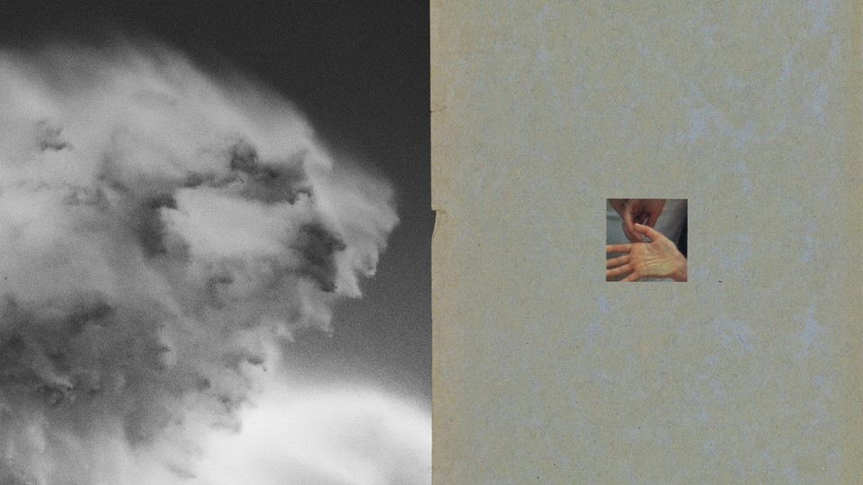 Two panels: a storm cloud on the left and a little square photo of a hand on the right