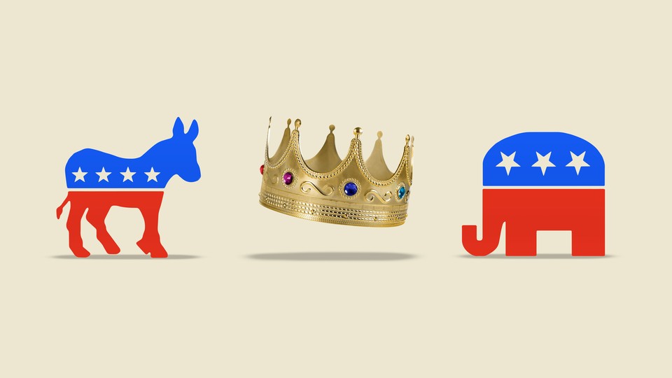An illustration of the Democratic donkey and the Republican elephant vying for a crown.