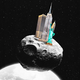Illustration of the Statue of Liberty, Empire State Building, and Chrysler Building balanced on a small asteroid