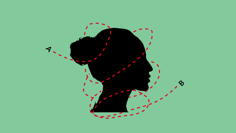 An illustration of a dotted line looping around a woman's head, with "A" at one end and "B" at the other
