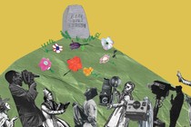 Illustration of a tombstone on a hill with people and cameras at the bottom