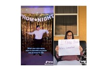 A TikTok video of a boy dancing at an at-home prom, and a girl doing a promposal with a poster.