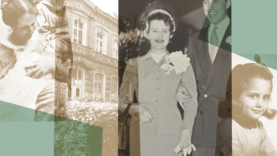 A collage of the author's family photos, including a woman holding a newborn and a well-dressed couple.