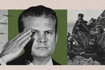 Illustration with black-and-white photos of airplanes flying, Pete Hegseth saluting, and a reimagined version of the painting “Washington Crossing the Delaware”
