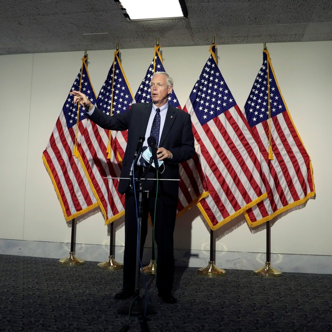 Ron Johnson speaking in front of American flags