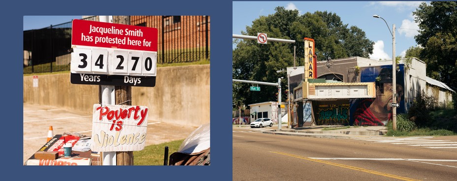 diptych:  a sign protesting  poverty; a closed theater with a mural on it