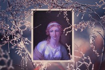 a painting of Helen of Troy framed in beige, overlayed onto an image of delicate branches