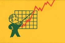 an illustration of a man gesturing toward a rising trend line