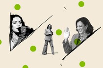 Photo-illustration of black-and-white cut-outs of the singer Charli XCX and Vice President Kamala Harris against a beige background decorated with lime-green circles