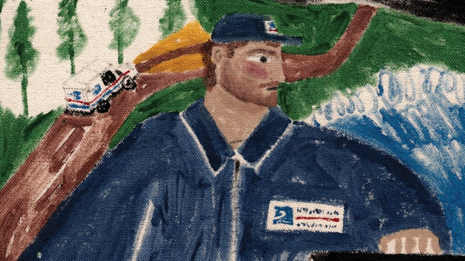painted illustration of USPS letter carrier in blue baseball cap and jacket placing two letters into black mailbox with red flag, with USPS mail truck climbing a brown road up green hill with trees in background