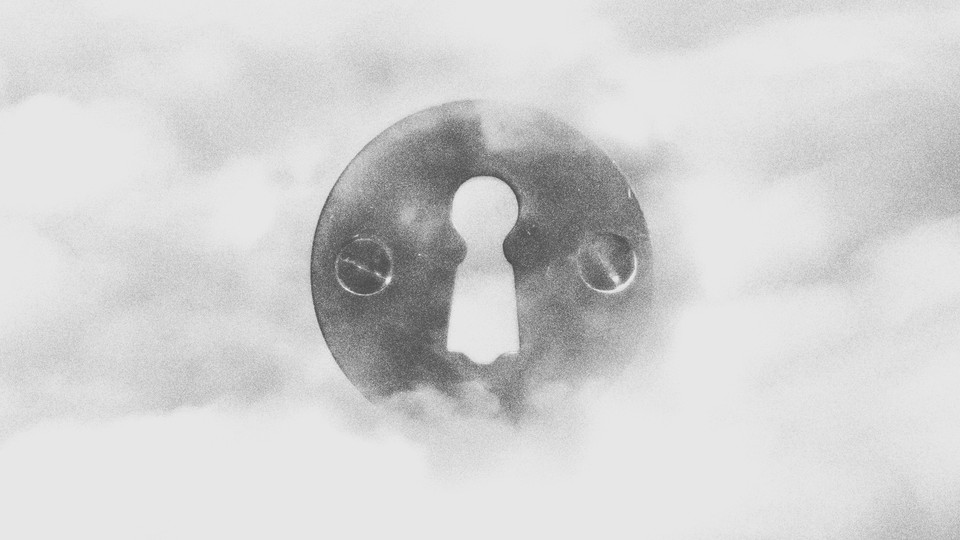 A black-and-white drawing of a keyhole among clouds.