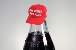 An illustration of a Coca-Cola bottle with a MAGA hat.