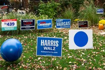 Blue political signs in a front yard with a house behind it